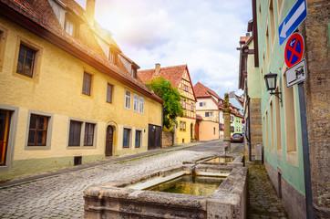 Beautiful streets in Rothenburg ob der Tauber with traditional German houses, Bavaria, Germany