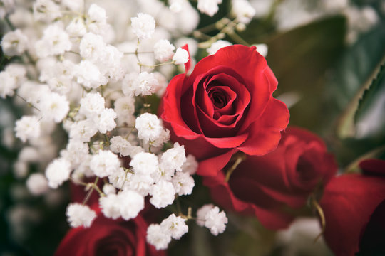Valentine: Red Rose Bouquet With White Baby's Breath