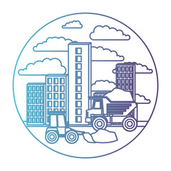 Naklejka premium building set city with contruction vehicles in circular frame with cloud landscape on gradient color silhouette from blue to purple