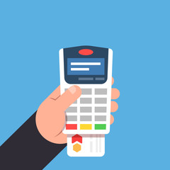 Payment by bank card. Payment terminal in the person hand. Flat vector isolated illustration.