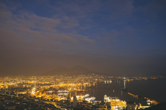Twilight over Naples, Italy and Vesuvius in the background