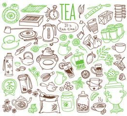 Tea doodle set. Variety of drinks and accessories for tea ceremony. Vector drawing isolated on white background.