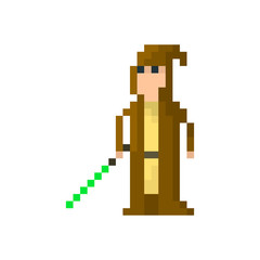 Pixel space warrior in a hood with a lightsaber. Сharacter for games and applications