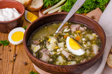 Soup with fresh herbs, vegetables and eggs. A traditional Russian and Ukrainian dish.