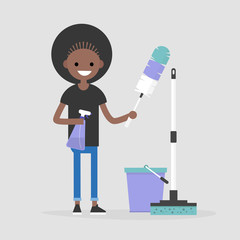 Cleaning the apartment, conceptual illustration. Black female character holding the cleaning tools: a feather duster and a cleaning spray / flat editable vector illustration, clip art