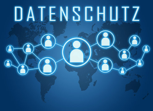 Datenschutz - german word for protection of data privancy - text concept on blue background with world map and social icons.