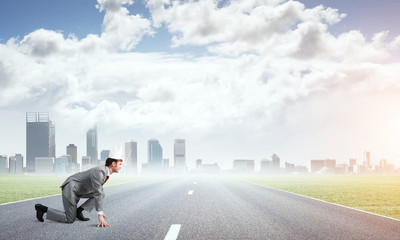 King businessman in elegant suit running and business center at background