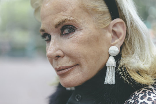 Close-Up Portrait of Fashion-Conscious Senior Caucasian Woman in New York