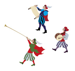 Medieval cartoon characters in european middle ages or medieval period historic period persons. Vector illustration of renaissance fair or christmas market.
