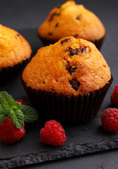 homemade cupcake with chocolate is decorated with mint and berries on a black background