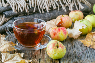 Hot tea with apples and pie on table
