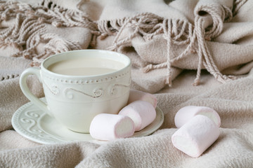 Cozy breakfast with warm plait and hot tea with milk
