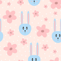 Repeated flowers and rabbit heads. Cute seamless pattern for children. Pastel.