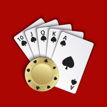 A Royal Flush Of Spades With Gold Poker Chip On Red Background, Winning Hands Of Poker Cards, Casino Playing Cards And Chip