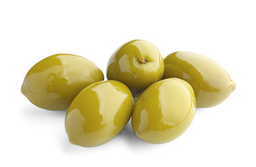 Tasty canned olives on white background