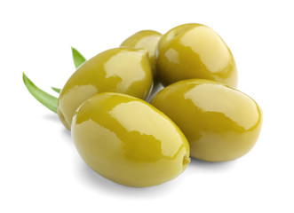 Tasty canned olives on white background