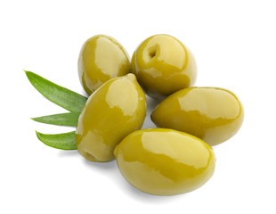 Tasty canned olives on white background