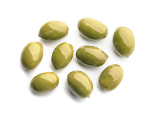 Tasty canned olives on white background