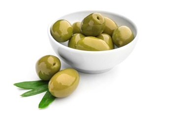 Bowl with canned olives on white background