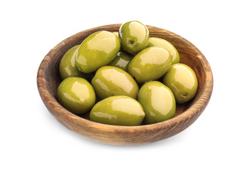 Bowl with canned olives on white background