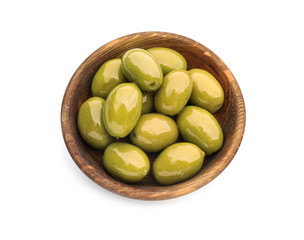 Bowl with canned olives on white background