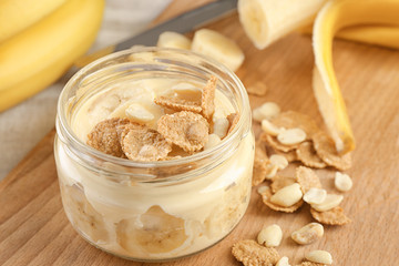 Delicious banana pudding on wooden board