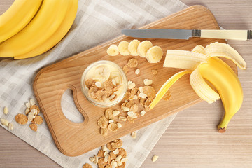 Delicious banana pudding on wooden board
