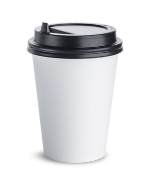 Paper coffee cup with black lid isolated on white background, mock up for your project