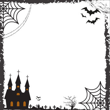 Halloween square frame for text with cobweb, bat, castle. Template for your design greeting cards, invitations, posters. Vector illustration