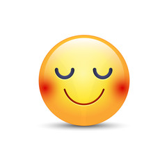 Happy cartoon emoji face with closed eyes. Smiling yellow cute emoticon. Fun smiley for application and chat