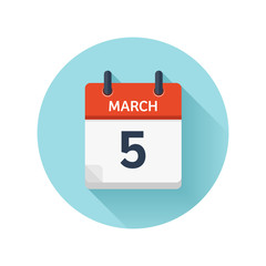 March 5. Vector flat daily calendar icon. Date and time, day, month 2018. Holiday. Season.