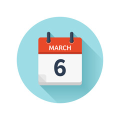 March 6. Vector flat daily calendar icon. Date and time, day, month 2018. Holiday. Season.