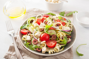 spiralized courgette salad greek style with tomato feta olives cucumber