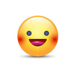 Fun yellow cartoon emoji face with smile and open eyes. Cute vector happy emoticon. Realistic smiley.