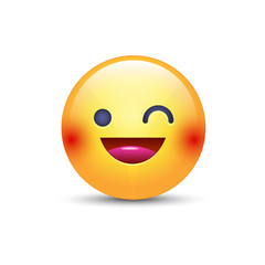 Winking fun cartoon emoji face. Wink and smile happy vector emoticon. Laughing smiley for chat and app.