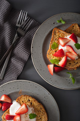 french toasts with yogurt and strawberries for breakfast