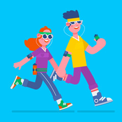 Obraz premium Young man and woman jogging. Young man and woman running with music earphones and smart phone.Fitness run flat vector illustration