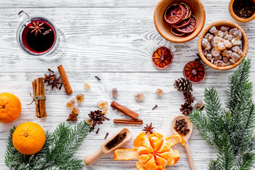 Celebrate new year winter evening with hot drink. Mulled wine or grog ingredients. White background...