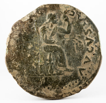 Dupondius. Ancient Roman bronze coin of Emperor Tiberius. Livia. Minted in Emerita Augusta. Current Merida in Spain. Reverse.