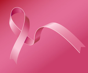 Icon Pink Ribbon, Breast Cancer Awareness Symbol, on red background.