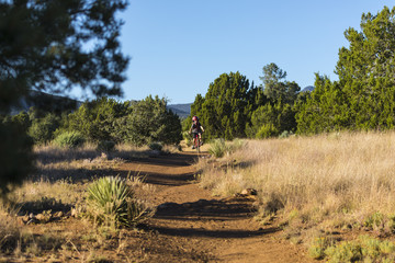 Boy riding a mountain bike on a beautiful desert trail 