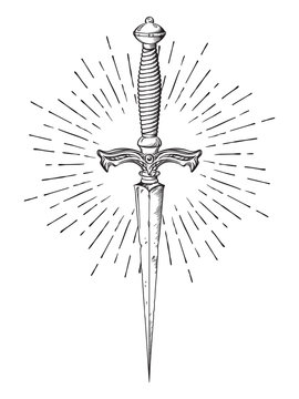 Naklejki Ritual dagger with rays of light isolated on white background hand drawn vector illustration. Black work, flash tattoo or print design