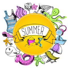 Obraz premium Hand drawn doodle vector summer banner. Summer template banner. Hello, summer! Vector illustration.