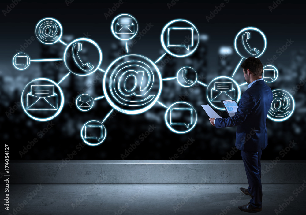 Poster businessman watching contact and internet sketch on a rooftop 3d rendering