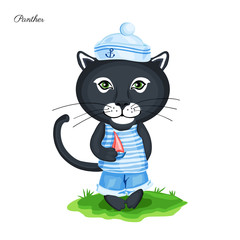 Black Panther sailor in cap with sailboat on green grass isolated on white background, Vector cartoon cute illustration, Character design for greeting card, children invitation, element wallpaper © m_e_l