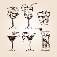 Cocktail set. Elements for the graphic design of the menu bars, restaurants, invitations, announcements. Hand drawn sketch set of alcoholic cocktails. Vintage vector illustration  - obrazy, fototapety, plakaty