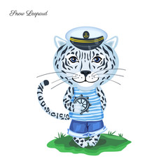Fototapeta na wymiar Snow leopard sailor in captain cap with steering wheel on green grass isolated on white background, Vector cartoon illustration, Character design for greeting card, children invite, element pattern