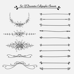 Set Of Decorative Calligraphic Elements For Decoration. Handmade Vector Illustration.