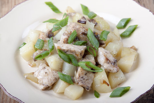 Fried potatoes with chicken and mushrooms