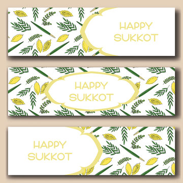 Four species banners set for Sukkot (Jewish holiday). Happy Sukkot. Etrog, lulav hadas and arava. Vector illustration.